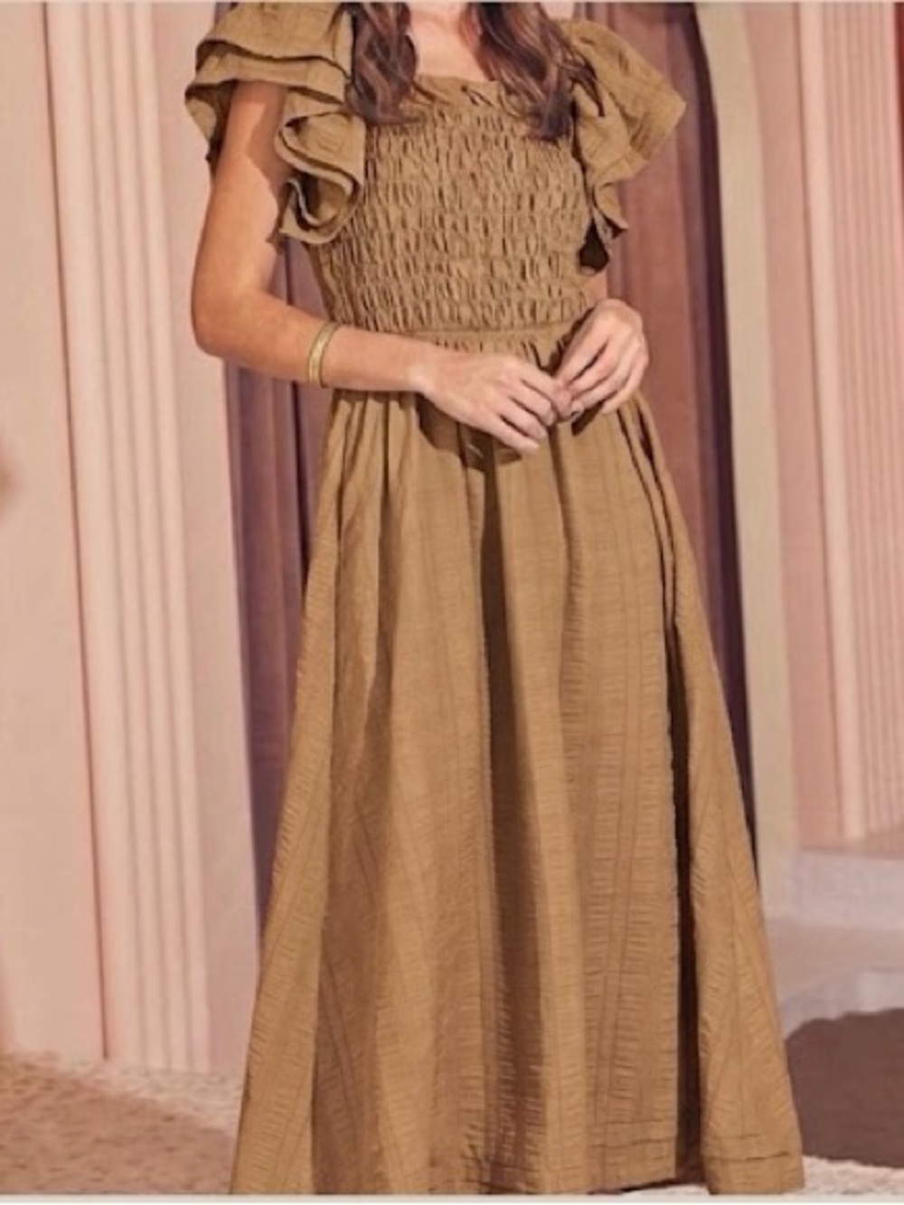 MIOU MUSE Ruffled sleeve Smocked Midi Dress Brown/ Tan Color Size Small